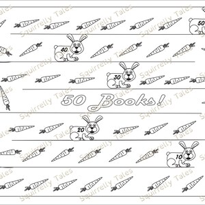 May include: Black and white illustration of a rabbit holding a carrot with the number 50 on it. The rabbit is on a path with carrots along the sides. The text "50 Books!" is written in a curved font above the rabbit.