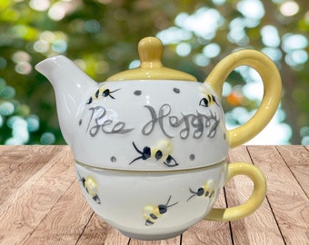 Bee Happy Teapot, Stacking Teapot and Cup Set, Teapot for one, Springtime Teapot, Spring Tea Pot, Summer party teapot, Garden Party Teapot