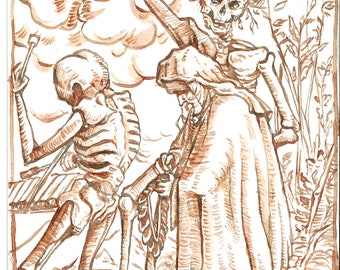 OLD WOMAN: painting made in bl00d after Hans Holbein the Younger's dance macabre series, totentanz, Memento Mori