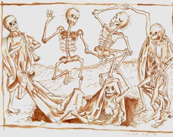 TOTENTANZ: a drawing of Dance Macabre in bl00d after Hans Holbein the Younger, danse macabre, blood