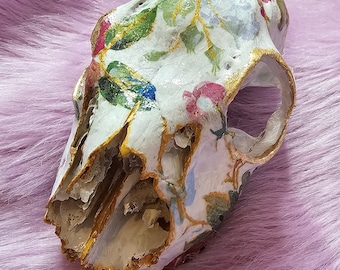 ROSIE: a handpainted doe skull, decoupage decorated skull with golden details, rose pattern, Vintage skull