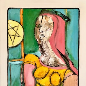 Tarotkaart Queen of Pentakels in de stijl van De Kooning