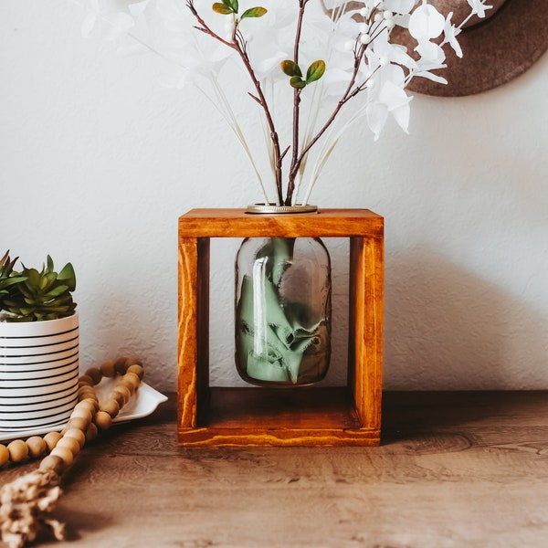 Mason Jar Vase | Centerpiece Box | Wood Mason Jar Flower Holder | Wood Planter Box | Farmhouse Tabletop Home Décor | Housewarming Gift