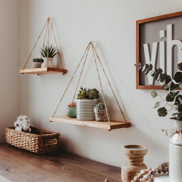 Set of 2 Hanging Rope Shelf | Wooden Home Decor | Rustic Wood Decorative Shelves | Jute Rope Wall Shelf Set | Housewarming Gift
