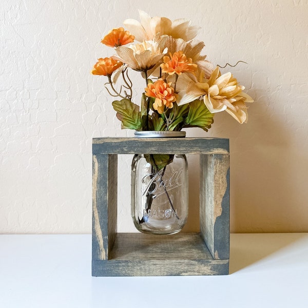 Wood Mason Jar Vase | Centerpiece Box | Mason Jar Flower Holder | Wood Planter Box | Farmhouse Tabletop Home Décor | Housewarming Gift