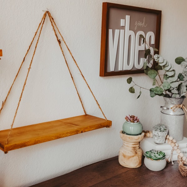 Hanging Rope Wood Shelf | Wooden Home Decor | Rustic Wood Decorative Shelves | Jute Rope Wall Shelf | Housewarming Gift