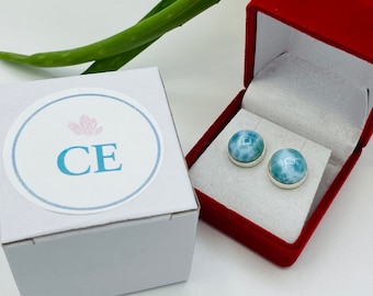 Handmade Larimar Stud Earrings, Sterling Silver Jewelry, Dominican Republic Stone