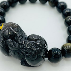 10MM Goldenes Obsidian Pixiu Armband, Obsidian Perlen Armband, Glücksarmband, Feng Shui, Valentinstag Geschenk, Obsidian, Reichtum, Glück