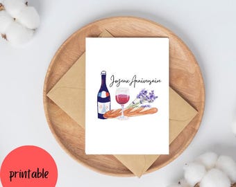 Joyeux Anniversaire Carte | Happy birthday french wine baguette card | Printable French card