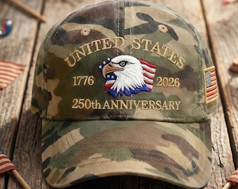 USA 250th Anniversary Camo Baseball Cap: Patriotic Eagle Embroidery