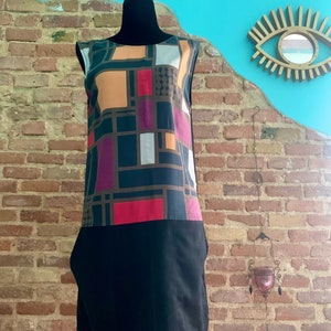 Vintage sleeveless dress , unique vintage medium woman&#39;s  midi dress with 70s inspired square pattern decoration, casual elegant dress