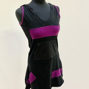 Vintage dress for women, unique vintage short woman&#39;s clothing from 90’s pointy hooded, lively purple on black, Medium size on cotton fabric