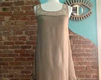 Vintage silk italian dress , unique vintage midi woman's clothing beige with embroidery, casual elegant spring dress, floral crochet