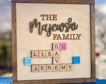 Personalized Scrabble Tile Family Name Sign: Laser Cut Wood Art