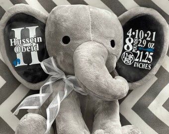 Personalized New Baby Gift, Stuffed Animal Elephant Keepsake