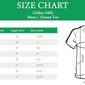 May include: Size chart for Gildan 5000 men's and unisex t-shirts. The chart shows sizes S through 5XL with measurements in inches for width, length, and sleeve.
