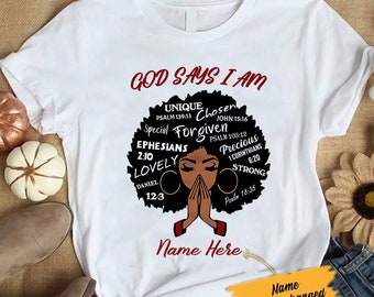 Dios personalizado dice camisa de mujeres negras / Dios africano dice que soy para las mujeres camisa de niña negra de oro / Camisa cristiana afro mujer orante