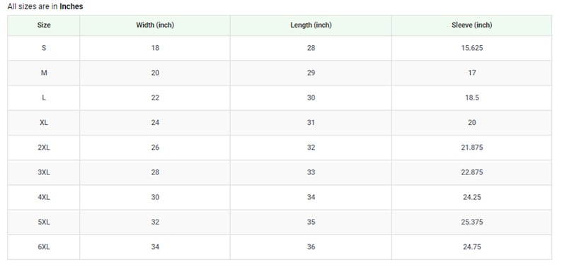 May include: Size chart showing width, length, and sleeve measurements in inches for sizes S through 6XL.