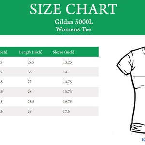 May include: Size chart for Gildan 5000L Women's Tee, showing measurements in inches for sizes S through 3XL. The chart includes width, length, and sleeve measurements.