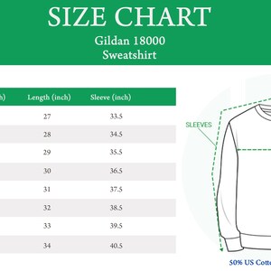 K&ouml;nnte beinhalten: Gr&ouml;&szlig;entabelle f&uuml;r ein Gildan 18000 Sweatshirt, mit Ma&szlig;en in Zoll f&uuml;r Brustweite, Shirtl&auml;nge und &Auml;rmell&auml;nge f&uuml;r die Gr&ouml;&szlig;en S bis 5XL. Die Tabelle zeigt auch die Stoffzusammensetzung an: 50 % US-Baumwolle / 50 % Polyester.