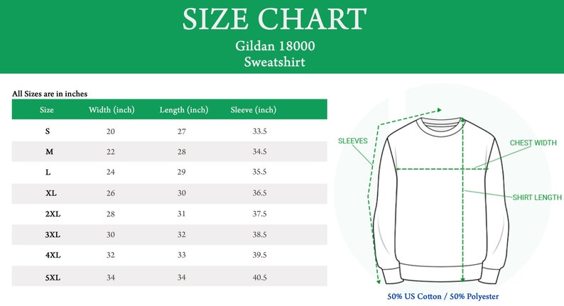 K&ouml;nnte beinhalten: Gr&ouml;&szlig;entabelle f&uuml;r ein Gildan 18000 Sweatshirt, mit Ma&szlig;en in Zoll f&uuml;r Brustweite, Shirtl&auml;nge und &Auml;rmell&auml;nge f&uuml;r die Gr&ouml;&szlig;en S bis 5XL. Die Tabelle zeigt auch die Stoffzusammensetzung an: 50 % US-Baumwolle / 50 % Polyester.