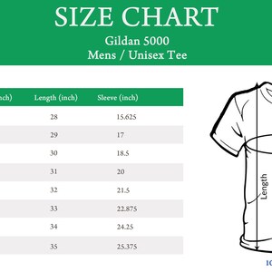 May include: Size chart for Gildan 5000 Mens / Unisex Tee shirts. Includes measurements in inches for width, length, and sleeve length. Sizes range from S to 5XL. Made of 100% US Cotton.