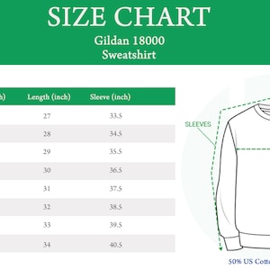 May include: Size chart for a Gildan 18000 sweatshirt, showing measurements in inches for chest width, shirt length, and sleeve length for sizes S through 5XL. The chart also indicates the fabric composition: 50% US Cotton / 50% Polyester.