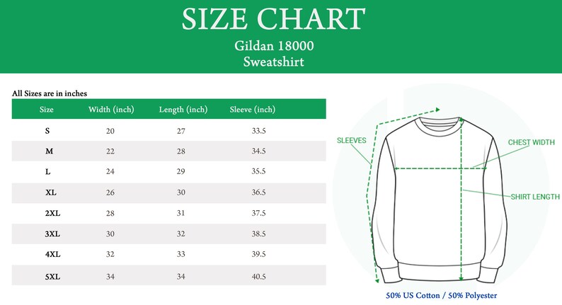 May include: Size chart for a Gildan 18000 sweatshirt, showing measurements in inches for chest width, shirt length, and sleeve length for sizes S through 5XL. The chart also indicates the fabric composition: 50% US Cotton / 50% Polyester.