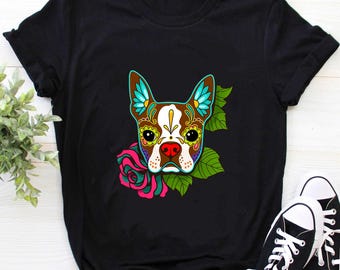 Boston Terrier Shirt / Boston Terrier t-shirt / Boston Terrier Halloween Shirt / Boston Terrier in Red Day of the Dead Sugar Skull Dog Shirt