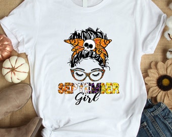 September Girl Woman Face Wink Eyes Halloween Skull Pumpkin Shirt / Halloween Shirt / September Shirt / Gift For Girl / Gift For Woman