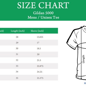 May include: Size chart for Gildan 5000 men's and unisex t-shirts. The chart shows sizes S through 5XL with measurements in inches for width, length, and sleeve.