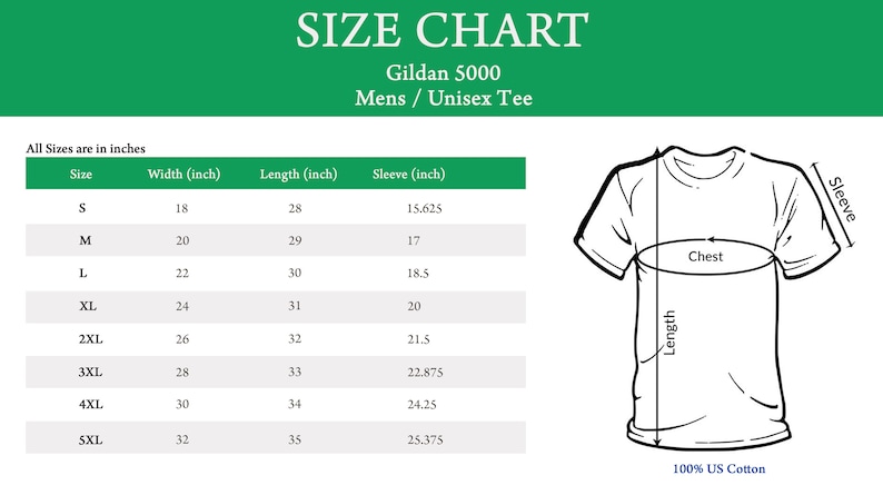 May include: Size chart for Gildan 5000 men's and unisex t-shirts. The chart shows sizes S through 5XL with measurements in inches for width, length, and sleeve.