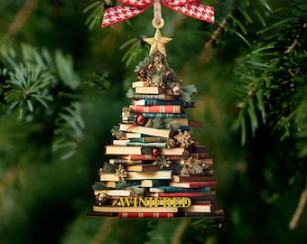 Personalized Christmas Book Tree Name Ornament / Bookworm Gifts / Book Ornament / 2025 Christmas Ornaments / Book Lovers Gifts