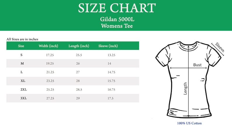 K&ouml;nnte beinhalten: Gr&ouml;&szlig;entabelle f&uuml;r Gildan 5000L Damen-T-Shirts. Die Tabelle zeigt die Gr&ouml;&szlig;en S bis 3XL mit Ma&szlig;en in Zoll f&uuml;r Breite, L&auml;nge und &Auml;rmel.