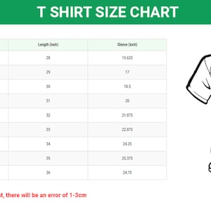 Pu&ograve; includere: Tabella delle taglie della t-shirt con misure in pollici per le taglie S a 6XL. La tabella mostra la larghezza, la lunghezza e la lunghezza della manica per ogni taglia.