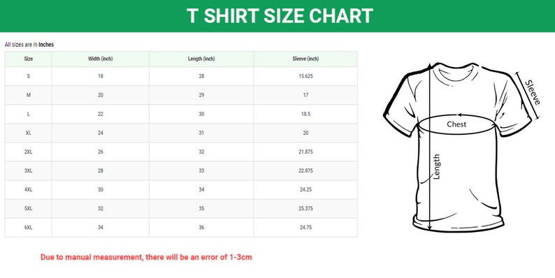 Pu&ograve; includere: Tabella delle taglie della t-shirt con misure in pollici per le taglie S a 6XL. La tabella mostra la larghezza, la lunghezza e la lunghezza della manica per ogni taglia.