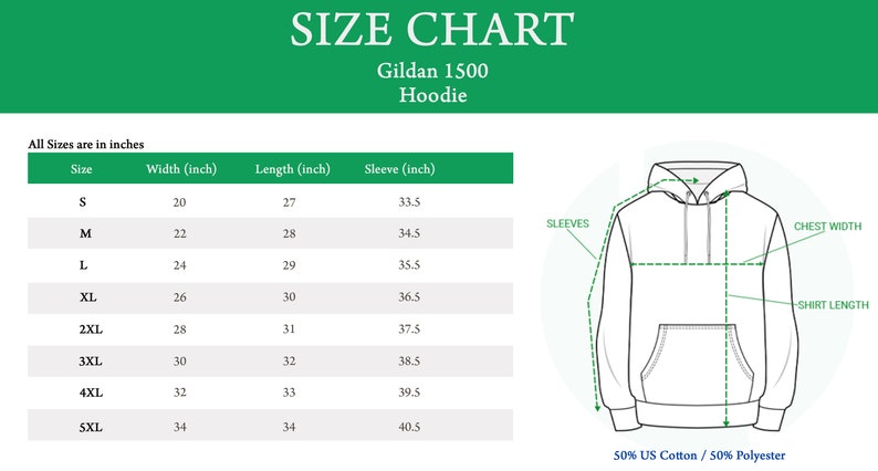 May include: Size chart for Gildan 1500 hoodies, showing measurements in inches for chest width, sleeve length, and shirt length for sizes S through 5XL.  The chart also shows the fabric composition: 50% US Cotton / 50% Polyester.