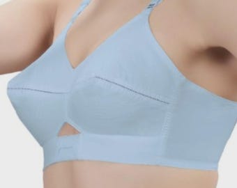 Sky Blue Cotton Bullet Bra – Encircled 1950s Cone Bra – Full Coverage Round Stitch – Center Elastic Vintage Bra