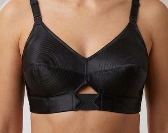 Vintage Style Bullet Bra - Black Satin Conical Bra with Signature Circular Stitching - Retro 1950s Silhouette, Non-Padded Support