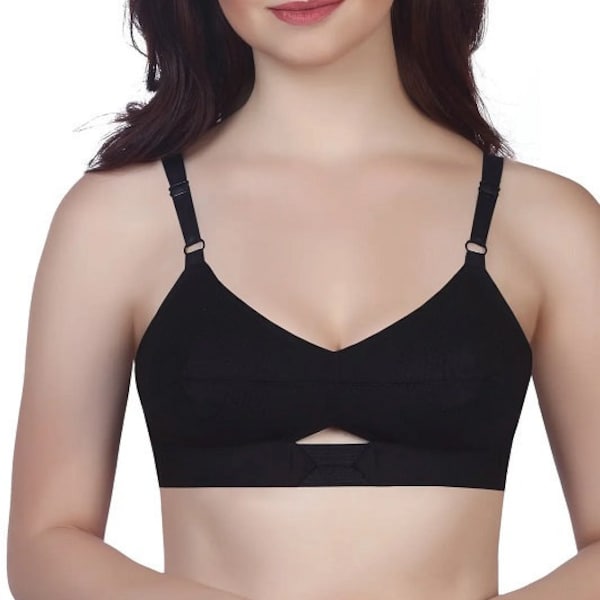 Encircled Bullet Bra Organic 100% Cotton - Round Stitch Full Coverage Winsome Bra - Vintage Pointy Bra with Center Elastic - Black