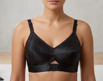 Vintage Style Bullet Bra - Black Satin Conical Bra with Signature Circular Stitching - Retro 1950s Silhouette, Non-Padded Support