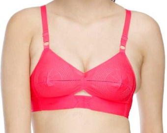 Encircled Bullet Bra Organic 100% Cotton - Round Stitch Full Coverage Winsome Bra - Vintage Pointy Bra with Center Elastic - Pink
