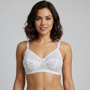 May include: A white lace bra with adjustable straps. The bra has a classic design with a full coverage cup and a delicate floral pattern. The bra is made of a soft, comfortable material.