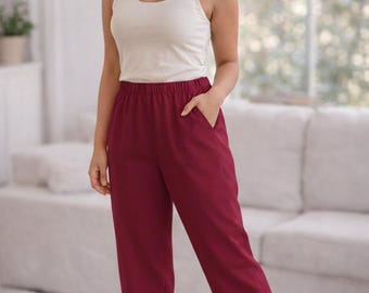 Cotton Lounge Pants - Elastic Waist, Custom Fit Trousers Wine Berry