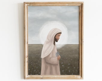 Jesus Christ Print: Forget Me Not Flowers, Christian Art (Digital Download)