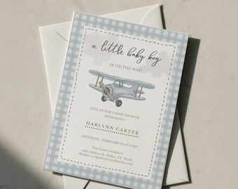 Blue Gingham Airplane Baby Boy Shower Invitation – Editable 5x7 Template