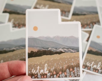 Utah State Sticker: Illustrated Mountain Valley, Weatherproof Vinyl Decal (3")