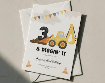 Construction Birthday Invitation, 3 And Diggin It Theme, Backhoe, EDITABLE Party Invite