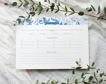 Vintage Blue Floral Recipe Card 4x6 (Printable)