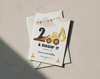 Construction Birthday Invitation, 2 And Diggin It Theme, Backhoe, EDITABLE Party Invite